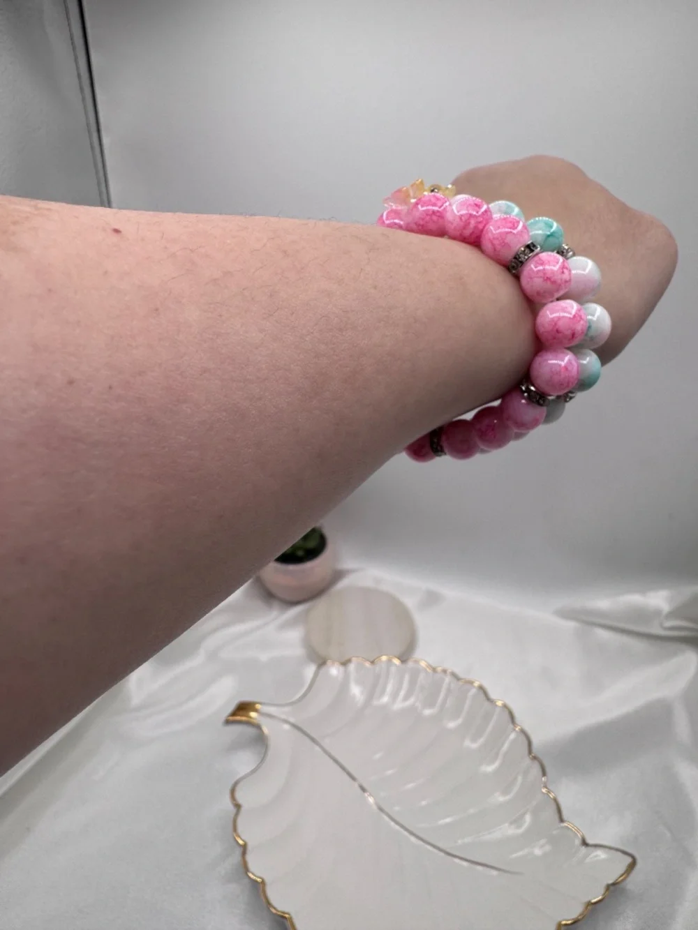 Pink & Turquoise Beaded Stretch Bracelet Set with Flower Charms | Stackable